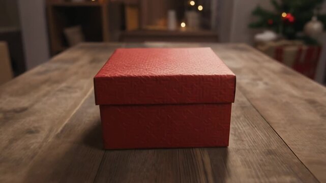 Close-up of a red textured gift box being placed on a rustic wooden table with a Christmas tree and festive lights in the background