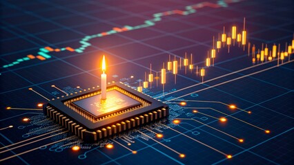 Fototapeta premium Growing technology candle on a microchip with a data graph background showing upward trend