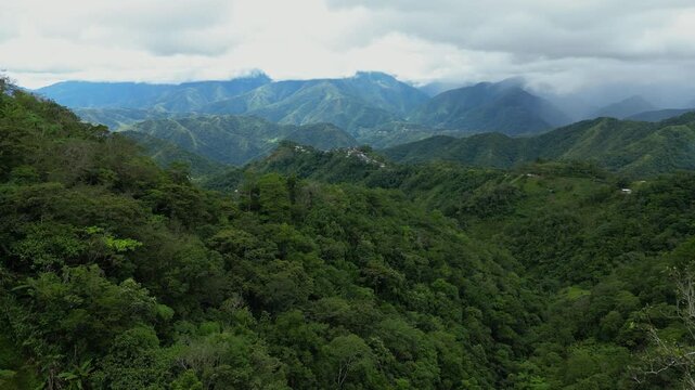 Forward aerial shot surpassing a foreground of trees to reveal the dense, green mountain tops and forested peaks near Banaue, Ifugao, Philippines.