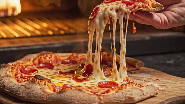 Delicious hot cheese pizza being pulled apart in an oven, with a pepperoni topping and crispy crust