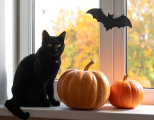 Black cat sits by pumpkins on a windowsill, with a bat decoration