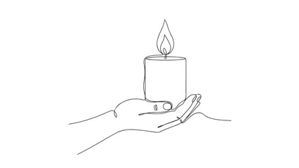 A single continuous line drawing of a hand holding a lit candle, symbolizing hope and remembrance.