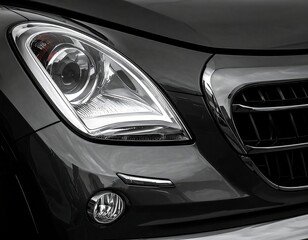 Close-up of a dark grey vehicle's sleek front headlight and grille