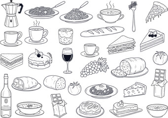 A detailed hand-drawn vector sketch set of food and drink, including coffee, pasta, wine, sandwiches, cakes, and gourmet snacks, perfect for restaurant menus and culinary art. © Kharshad Creative