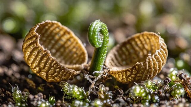 Macro shot of a seed pod revealing a green plant amid moss and soil, with blurred background