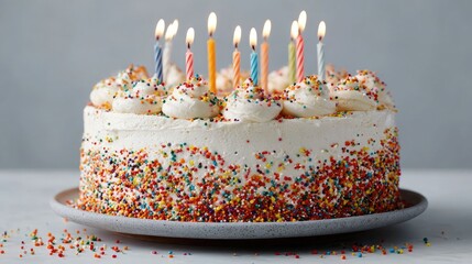 Elegant Birthday Cake with Candles and Soft Bokeh Lights