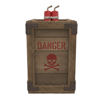Wooden crate labeled danger with skull and crossbones and dynamite on top isolated on transparent