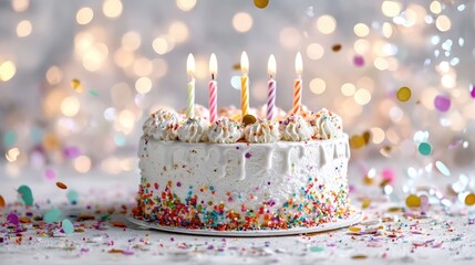 Elegant Birthday Cake with Candles and Soft Bokeh Lights
