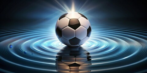 A radiant soccer ball rests gently on a dark blue liquid surface, creating mesmerizing concentric ripples that spread outward, a captivating display of movement and stillness