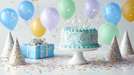 Colorful Birthday Cake with Balloons and Party Decorations