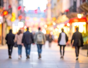 Blurry shot of pedestrians walking down a lit city street