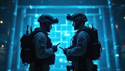 Naklejka premium Two soldiers in tactical gear use phones to exchange secure data. Digital grid backdrop hints at network communication and encrypted transmission. Advanced military tech.