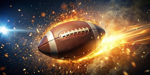 A Fiery American Football Soaring Through the Air, a Burst of Golden Sparks and Smoke Trails Behind, a Dynamic Display of Athletic Energy and Excitement