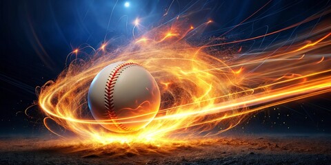 Fiery Baseball Speed A Dynamic Image of a Ball in Motion with Glowing Trails and Sparks