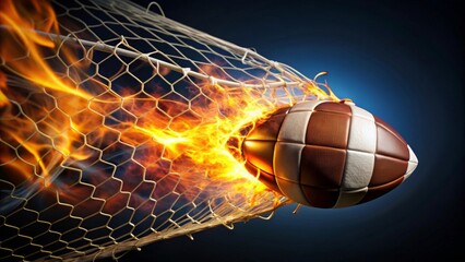 Fiery Football Exploding Through Net A Dynamic Image of Sport and Competition