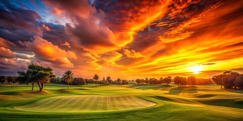 Fiery Sunset Over Lush Green Golf Course Landscape Featuring Dramatic Clouds and Silhouetted Trees