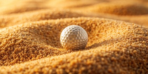 A golf ball nestled in a mound of fine golden sand, bathed in warm sunlight, symbolizing a moment of calm amidst a challenging game