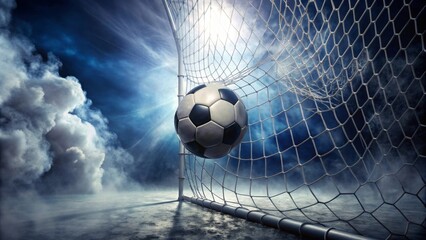 Naklejka premium Dramatic Soccer Goal Ball in Net with Smoky Atmosphere and Rays of Light
