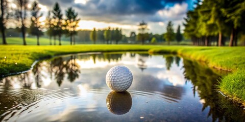 Serene Golf Course Waterscape A Single Golf Ball Gently Resting on a Calm Pond's Surface at Sunset, Mirrored by the Still Water, with Lush Green Fairway and Trees in the Background
