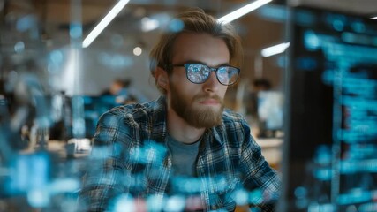 A bearded programmer in casual attire concentrates on his computer screen, illuminated by code and digital data. The workspace is filled with a futuristic tech atmosphere and innovation - Powered by Adobe