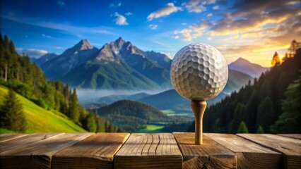 A golf ball rests on a tee, positioned on a wooden surface overlooking a breathtaking mountain vista bathed in the golden hues of a picturesque sunset.