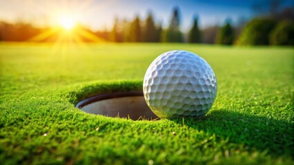 A Golf Ball Nearing the Hole at Sunset on a Lush Green Course