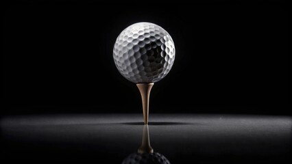 A perfectly spherical golf ball rests on a tee, dramatically lit against a stark black background, its dimpled surface reflecting a subtle sheen.