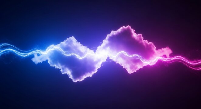 Vibrant Electric Discharge Connecting Neon Clouds on Dark Background