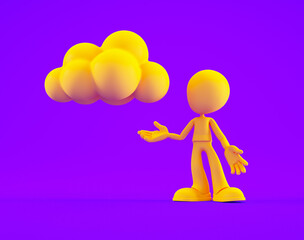 Character interacts with yellow cloud against a purple background during animation design process