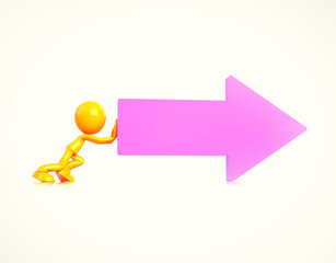 Figure pushing a large pink arrow in a simple indoor setting during daytime