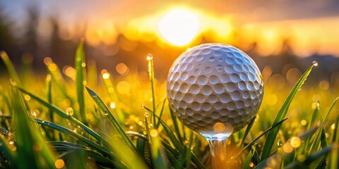 A golf ball rests on a tee, nestled in dew-kissed grass as the sun rises, painting the scene in warm, golden light.