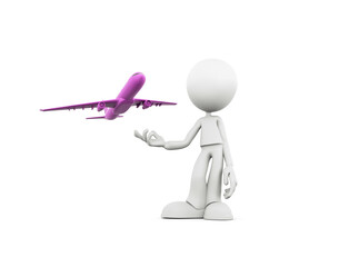 Person figures holding hand up as a pink airplane flies above in a simple, creative illustration