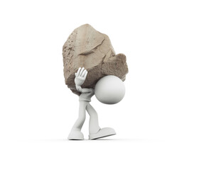 Person carries a large rock while walking in a simple manner on a flat surface in a neutral setting