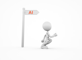 Person looking towards a sign pointing to AI