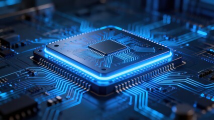 Microchip on circuit board with glowing blue light