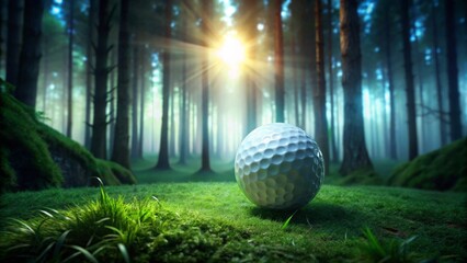 A Golf Ball Rests on Lush Green Moss in a Sun-Dappled Forest