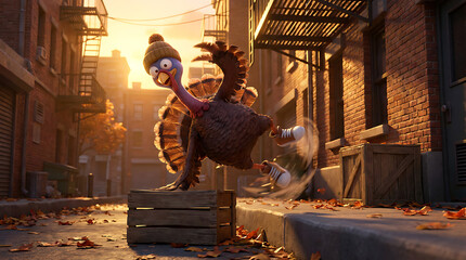 Turkey sport cartoon character in autumn park