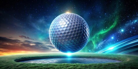 Enormous Golf Ball Hovering Over a Serene Green Landscape Under a Starry Night Sky