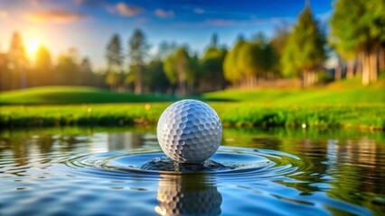Serene Golf Ball Resting on Still Water, Creating Concentric Ripples at Sunset on Lush Green Course