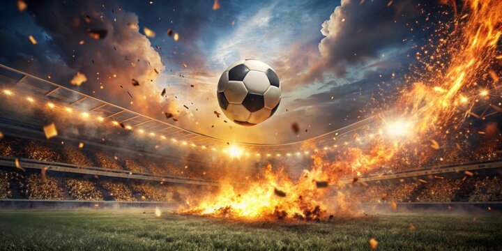 Fiery Soccer Ball Ascends Above an Inferno in a Dramatic Stadium Setting