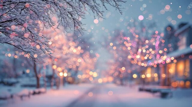 A snowy street with a tree in the background. The snow is falling. Pastel snowy scene with soft blurred shapes and festive light bokeh, calm and clean aesthetic, pastel christmas background