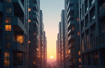 Modern apartment buildings line city street at sunset. Warm light glows from windows creating peaceful urban evening scene. Sun sets behind distant hills.