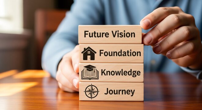 Hands Stacking Wooden Blocks with Future Vision, Foundation, Knowledge, Journey