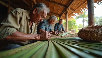 Three men weave green palm leaves together. They work on a craft project in a rustic outdoor workshop. One man forms a basket with woven branches and palm fronds, passing down skills.