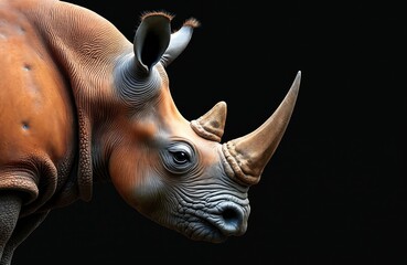 Fototapeta premium Close up profile rhino portrait head view. Thick skin texture wrinkles detail. Big horn pointed forward against dark black empty background space.