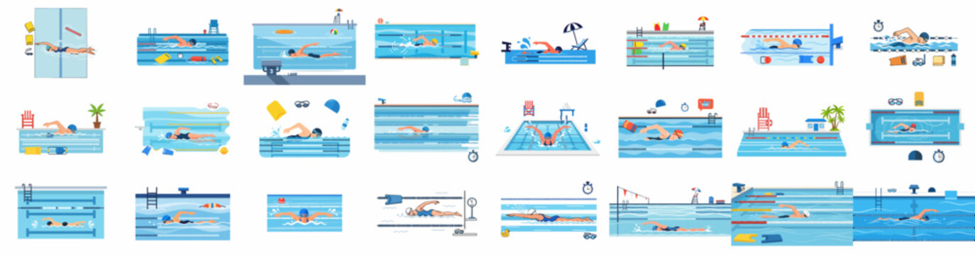 Swimmers and Swimming Pool Vector Illustrations Set: Flat design collection of people exercising, training, and competing in the water.