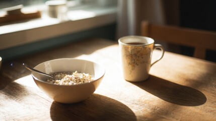 simple breakfast scene with porridge and warm drink, wooden table, morning light, calm routine, health focused lifestyle