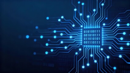 Blue glowing circuit board with binary code