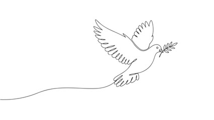 A minimalist line drawing of a dove in flight, carrying a sprig of leaves in its beak, symbolizing peace and hope.
