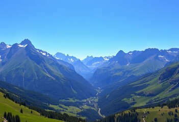 Obraz premium Majestic mountain range with lush green valley, clear blue sky, travel, breathtaking